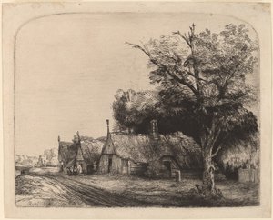 Landschaft mit drei giebeligen Hütten an einer Straße von Rembrandt van Rijn