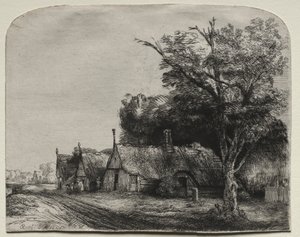Landschaft mit drei giebelständigen Häusern an einer Straße von Rembrandt van Rijn
