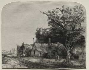 Landschaft mit drei giebelständigen Häusern an einer Straße, 1650 von Rembrandt van Rijn