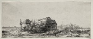 Landschaft mit einem Cottage und Heuscheune: Querformat von Rembrandt van Rijn