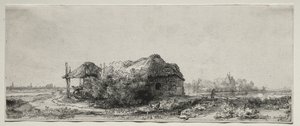 Landschaft mit einem Cottage und Heuscheune: Querformat, 1641 von Rembrandt van Rijn
