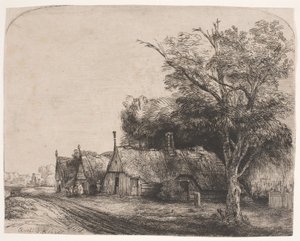 Landschaft mit drei giebelständigen Häusern an einer Straße von Rembrandt van Rijn