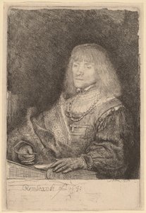 Mann an einem Schreibtisch mit Kreuz und Kette von Rembrandt van Rijn