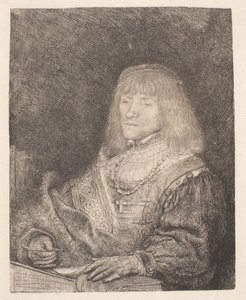 Mann am Schreibtisch, mit Kreuz und Kette von Rembrandt van Rijn
