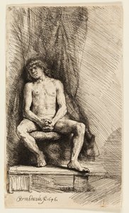 Nackter Mann vor einem Vorhang sitzend von Rembrandt van Rijn