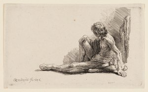 Nackter Mann, der auf dem Boden sitzt, mit einem ausgestreckten Bein von Rembrandt van Rijn