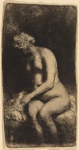 Nackte auf einer Bank mit einem Kissen (Frau badet ihre Füße an einem Bach) von Rembrandt van Rijn