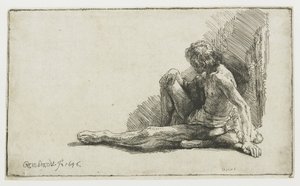 Nackter Mann, der auf dem Boden sitzt, mit einem ausgestreckten Bein von Rembrandt van Rijn