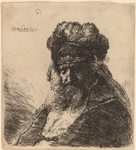 Alter bärtiger Mann mit geschlossenen Augen und hoher Pelzmütze von Rembrandt van Rijn