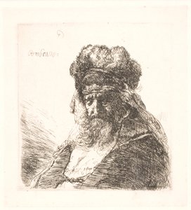 Alter bärtiger Mann mit hoher Pelzmütze, mit geschlossenen Augen von Rembrandt van Rijn