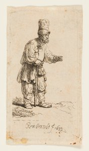 Bauer mit hoher Mütze, stehend und auf einen Stock gelehnt von Rembrandt van Rijn