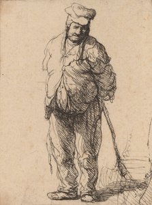 Zerlumpter Bauer mit hinter dem Rücken verschränkten Händen, der einen Stock hält, ca. 1630