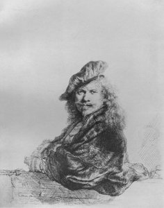 Rembrandt, der sich auf eine Steinschwelle lehnt, 1639
