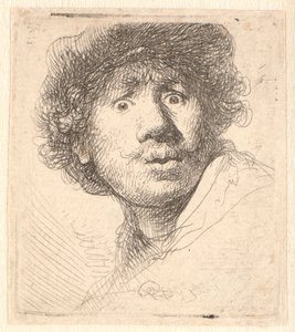 Rembrandt mit Mütze, mit offenem Mund und starrend: Büste in Umrissen