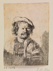 Rembrandt mit flacher Mütze und besticktem Kleid von Rembrandt van Rijn
