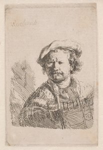 Rembrandt mit flacher Mütze und einem Schal um die Schultern von Rembrandt van Rijn