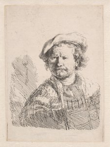Rembrandt mit einer flachen Mütze und einem Schal um die Schultern von Rembrandt van Rijn