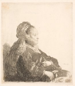 Rembrandts Mutter, sitzend nach rechts gewandt, in orientalischem Kopfschmuck: Halbfigur, Hände zeigend von Rembrandt van Rijn