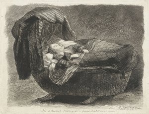 Schlafendes Kind in einer Wiege von Rembrandt van Rijn