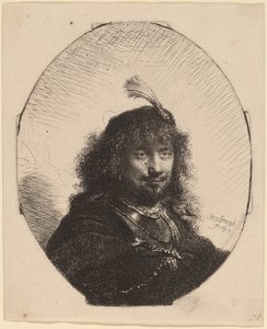 Selbstporträt (?) mit Federhut und gesenktem Säbel von Rembrandt van Rijn