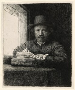 Selbstporträt Radierung am Fenster von Rembrandt van Rijn
