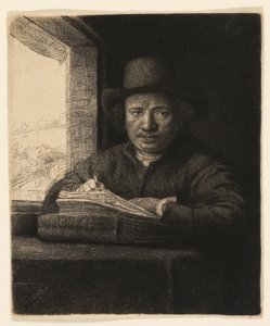 Selbstporträt Radierung am Fenster von Rembrandt van Rijn