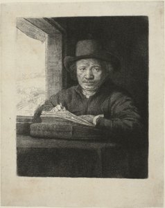 Selbstporträt Radierung am Fenster von Rembrandt van Rijn
