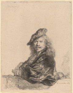 Selbstporträt, das sich auf eine Steinschwelle lehnt von Rembrandt van Rijn