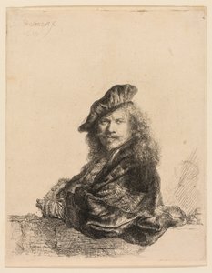 Selbstporträt, auf einem Steinsims lehnend von Rembrandt van Rijn