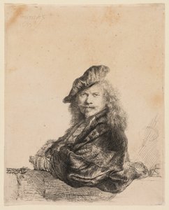 Selbstporträt, an einen Steinsims gelehnt von Rembrandt van Rijn