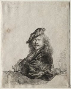 Selbstporträt, das sich auf einen Steinsims lehnt von Rembrandt van Rijn