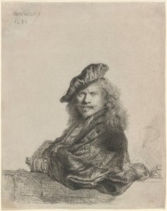 Selbstporträt, auf einen Steinsims gelehnt von Rembrandt van Rijn