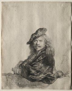 Selbstporträt, das sich auf eine Steinschwelle lehnt, 1639 von Rembrandt van Rijn