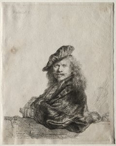Selbstporträt, das sich auf eine Steinschwelle lehnt, 1639 von Rembrandt van Rijn
