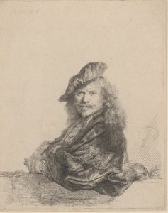 Selbstporträt, das sich auf eine Steinschwelle lehnt, 1639 von Rembrandt van Rijn