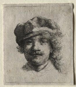 Selbstporträt mit weicher Mütze: Frontalansicht, nur Kopf von Rembrandt van Rijn