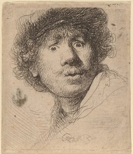 Selbstporträt mit Mütze, mit offenem Mund von Rembrandt van Rijn