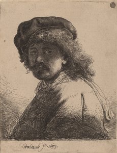 Selbstporträt mit Mütze und Schal, Gesicht dunkel, 1633
