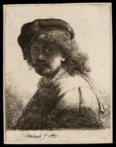 Selbstporträt mit Mütze und Schal, das Gesicht dunkel: Büste von Rembrandt van Rijn
