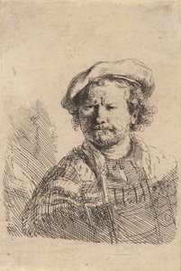 Selbstporträt mit flacher Kappe und besticktem Kleid, um 1642 von Rembrandt van Rijn
