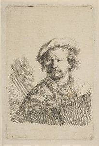 Selbstporträt mit flachem Hut und besticktem Kleid, ca. 1642 von Rembrandt van Rijn