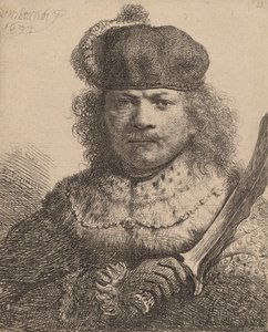 Selbstporträt mit erhobenem Säbel von Rembrandt van Rijn