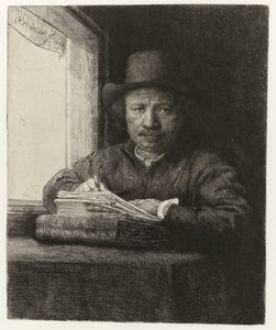 Selbstporträt, Radierung am Fenster von Rembrandt van Rijn
