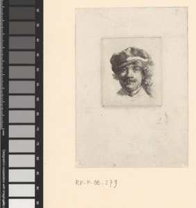 Selbstporträt mit weicher Mütze: Vollgesicht, nur Kopf von Rembrandt van Rijn