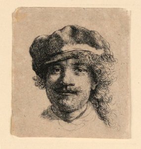 Selbstporträt mit weicher Mütze: Frontalansicht, nur Kopf von Rembrandt van Rijn