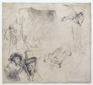Blatt mit Studien (mit einer Frau, die krank im Bett liegt) von Rembrandt van Rijn