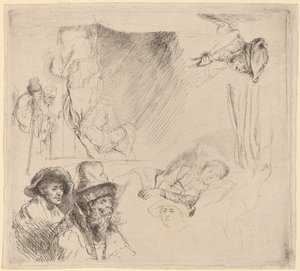 Blatt mit Studien, darunter eine Frau, die krank im Bett liegt von Rembrandt van Rijn