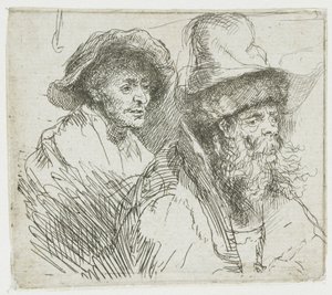 Blatt mit Studien, mit einer Frau, die krank im Bett liegt: Büsten von zwei männlichen Figuren von Rembrandt van Rijn