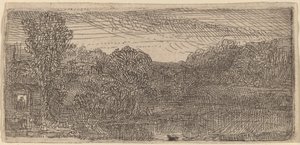 Kleine graue Landschaft: ein Haus und Bäume neben einem Teich von Rembrandt van Rijn