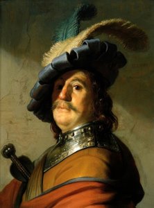 Soldat mit eisernem Halskragen und Federhut von Rembrandt van Rijn